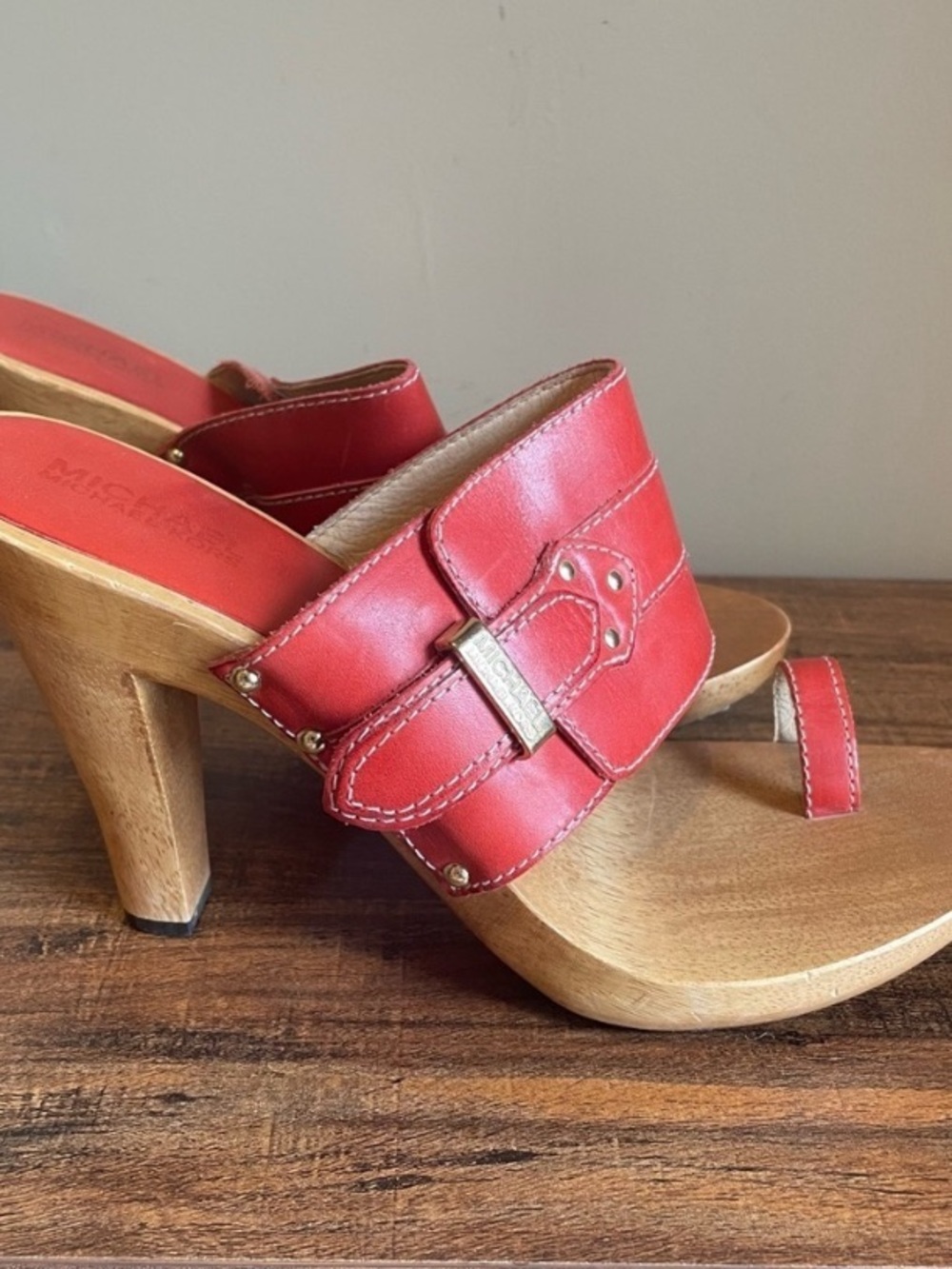 Michael Kors Red Leather Wooden-Heel Slide Sandals